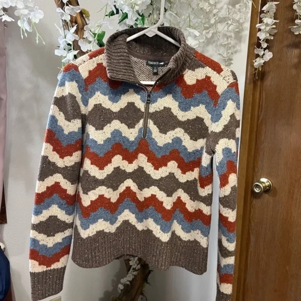 Toad&Co Rust Brown Blue Wilde 1/4 Zip Sweater Lambswool CabinCore Outdoor Size S - Picture 5 of 9